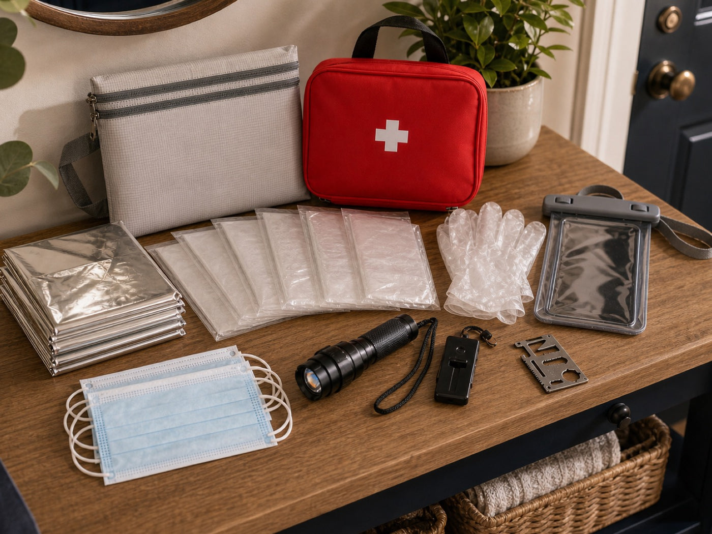 Haven72 emergency kit arranged in a warm home entryway